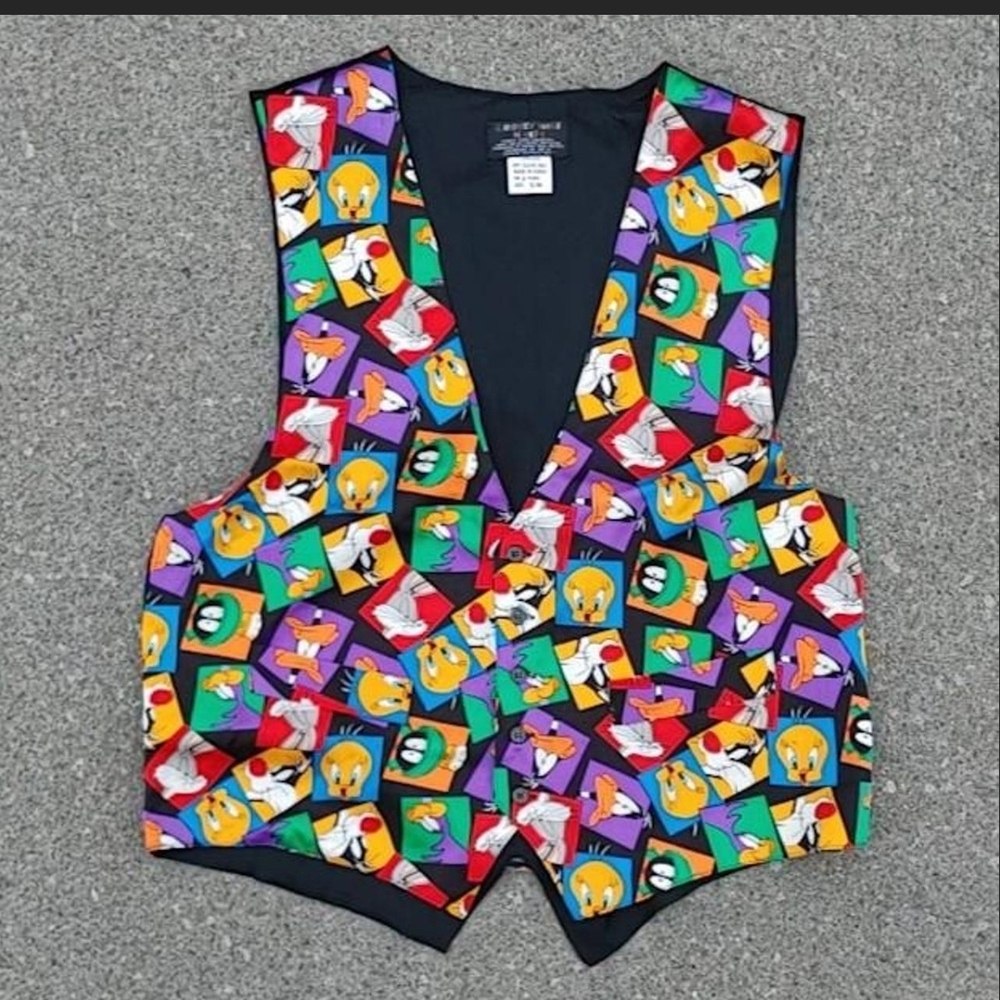 VTG 1993 Looney Tunes Mania Silk Vest Medium Warner Bros Cartoon Print Unisex M